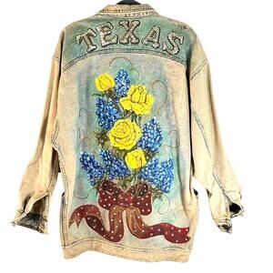Vintage Jordache Project Denim Jacket Hand Painted Texas Bluebonnet Signed